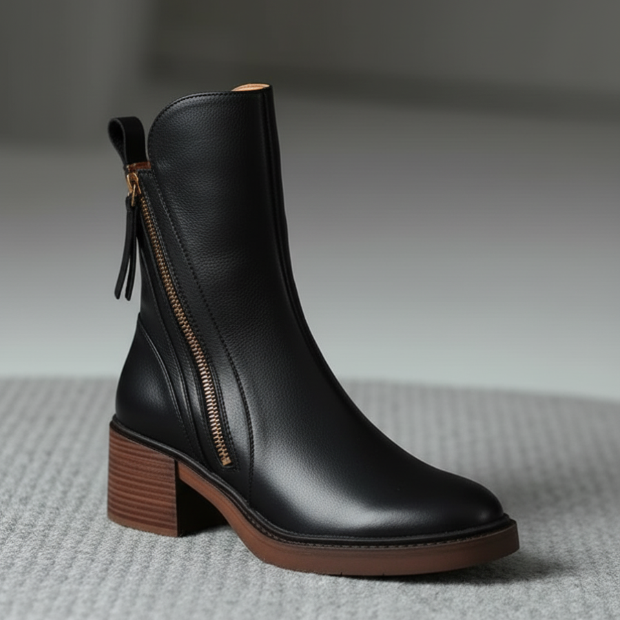 Valorine™ | Black leather boot with a comfortable heel, elegant and timeless